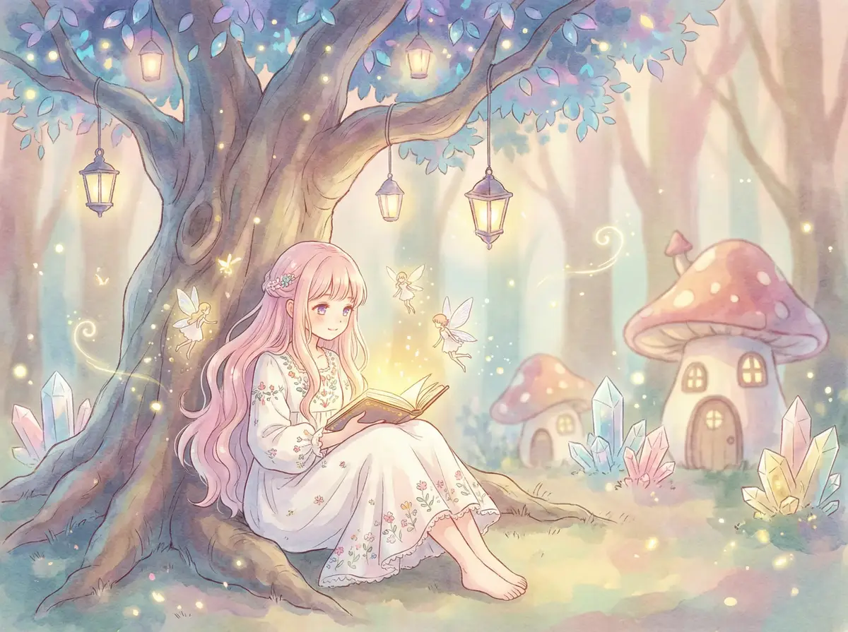 好玩不过孕妇 - 魔法森林中阅读故事书的粉发少女与精灵
